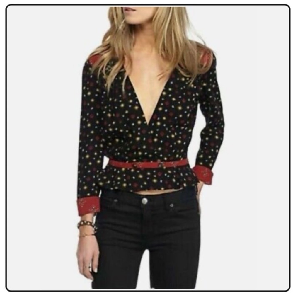 FREE PEOPLE Top Where We Roam Black Printed Surplice Deep V Neck Contrast Yoke
